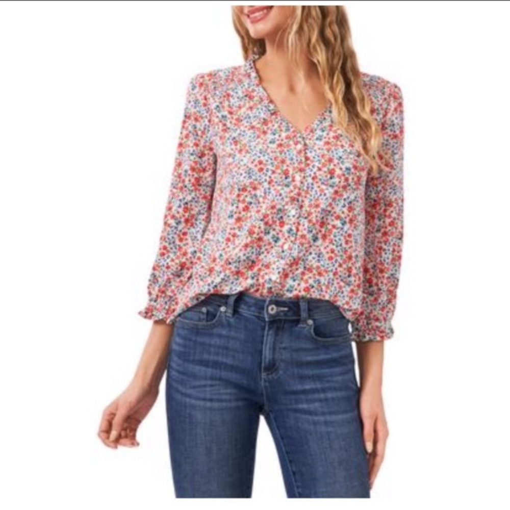CeCe Multicolor Coral Floral Ruffle Blouse, M